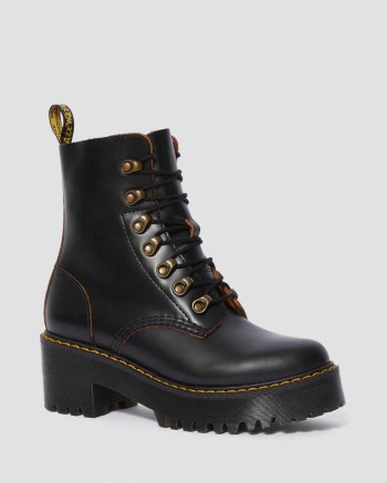 Dr Martens Leona Vintage Smooth Leather Čižmy Na Podpätku Damske Čierne | 9057-HUVNF